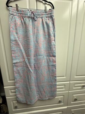 Tommy Bahamas Light Blue Linen Wide Leg Pants with Pink Leaf Print